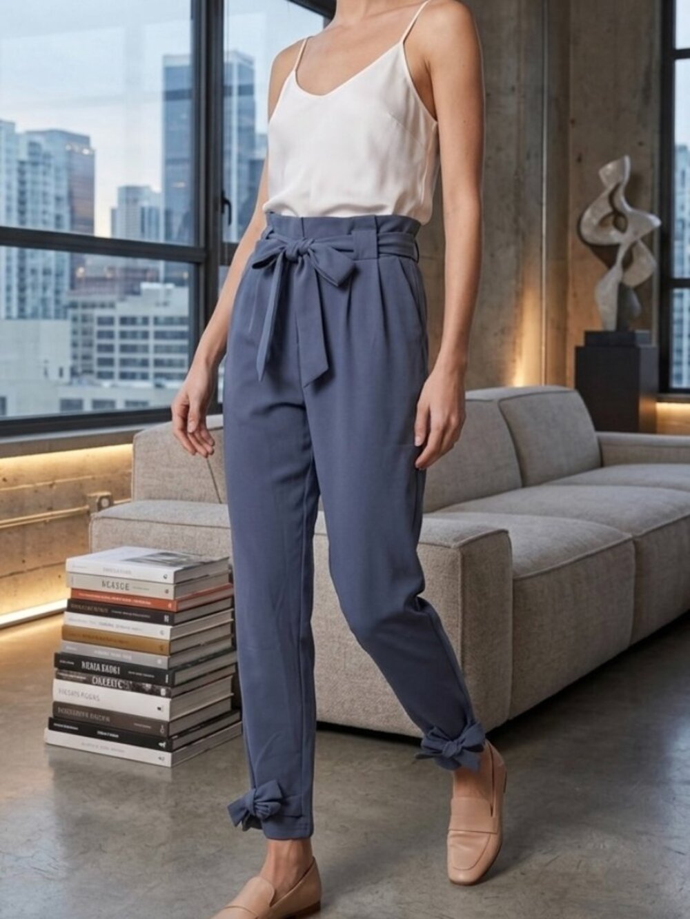 NWT Grace Karin High Waisted Slate Blue Paperbag Pants Ankle Bows Small Preppy